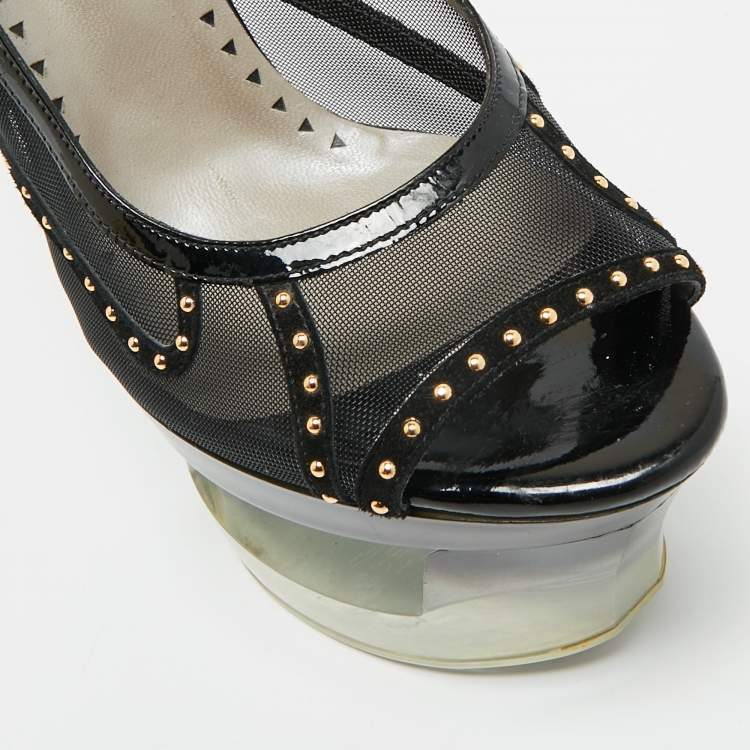 Pre Owned Versace Size 40 Black Leather and Mesh Platform Slingback Sandals