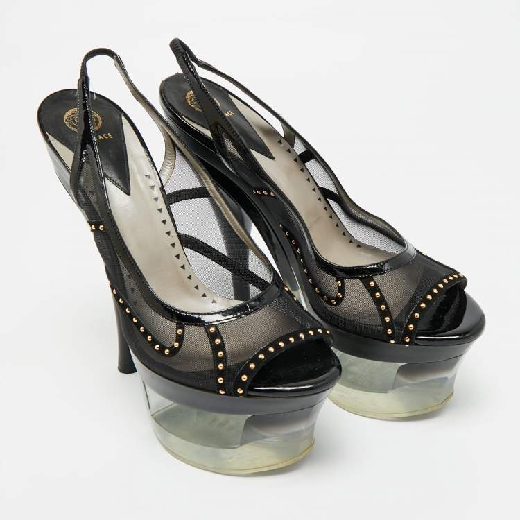 Pre Owned Versace Size 40 Black Leather and Mesh Platform Slingback Sandals