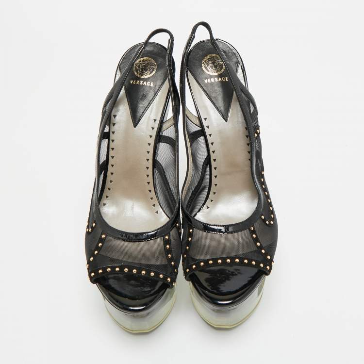 Pre Owned Versace Size 40 Black Leather and Mesh Platform Slingback Sandals