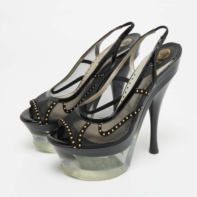 Pre Owned Versace Size 40 Black Leather and Mesh Platform Slingback Sandals