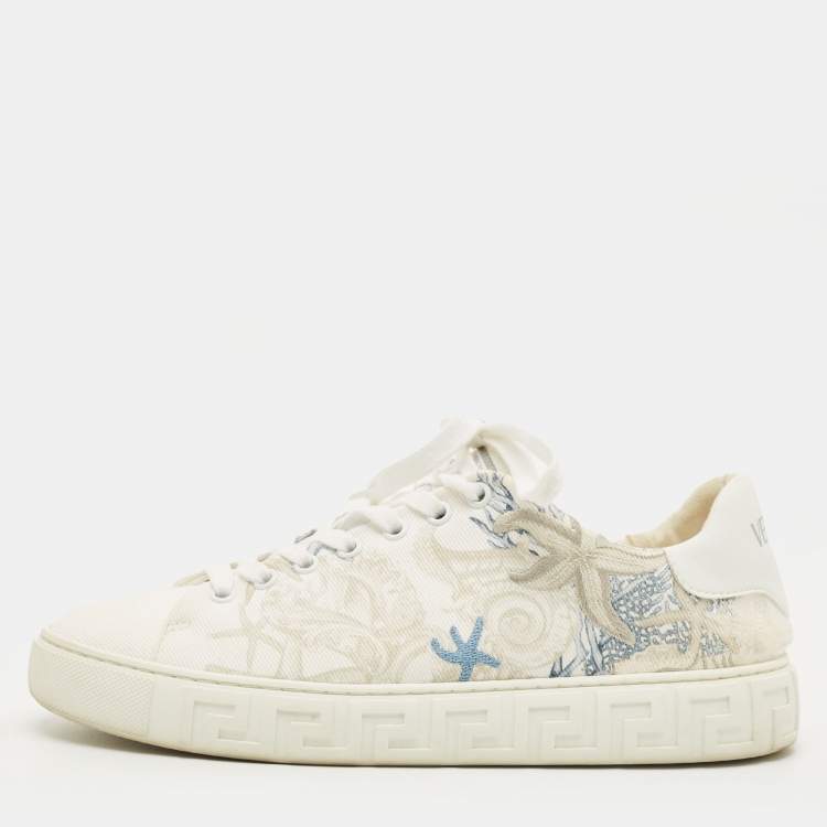 Pre Owned Versace Greca Size 39 White Canvas and Leather Coral Theater Lace Up Sneakers