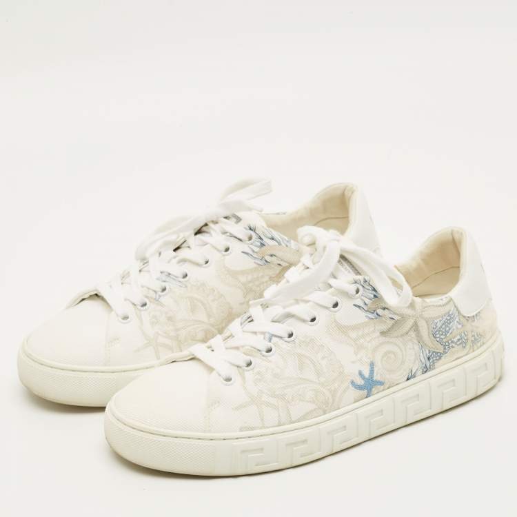 Pre Owned Versace Greca Size 39 White Canvas and Leather Coral Theater Lace Up Sneakers
