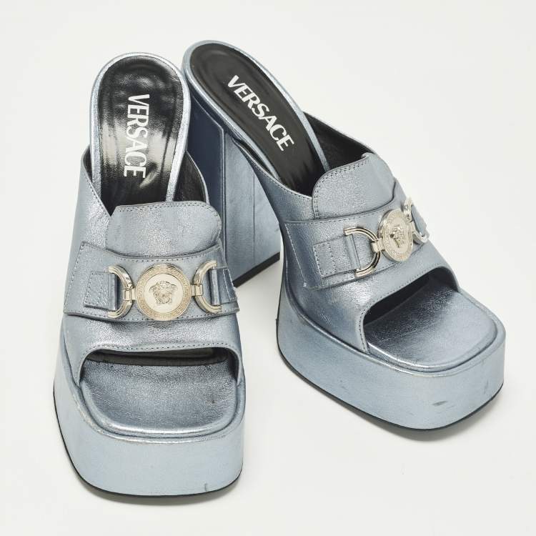 Pre Owned Versace Medusa Size 37 Metallic Leather Platform Sandals