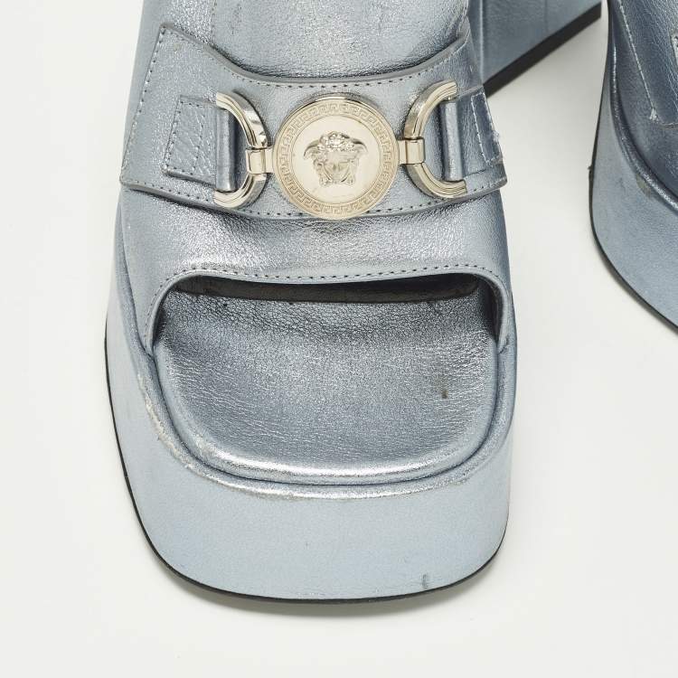 Pre Owned Versace Medusa Size 37 Metallic Leather Platform Sandals