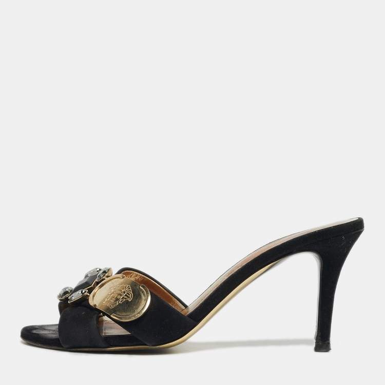 Pre Owned Versace Logo Size 37 Black Suede Crystal Embellished Criss-Cross Slide Sandals