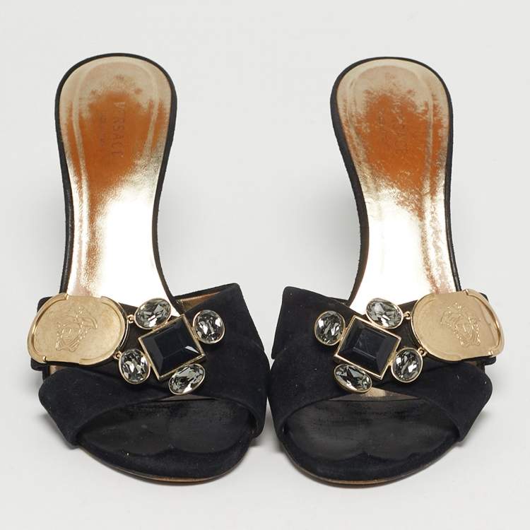 Pre Owned Versace Logo Size 37 Black Suede Crystal Embellished Criss-Cross Slide Sandals