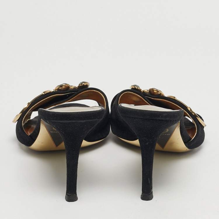 Pre Owned Versace Logo Size 37 Black Suede Crystal Embellished Criss-Cross Slide Sandals