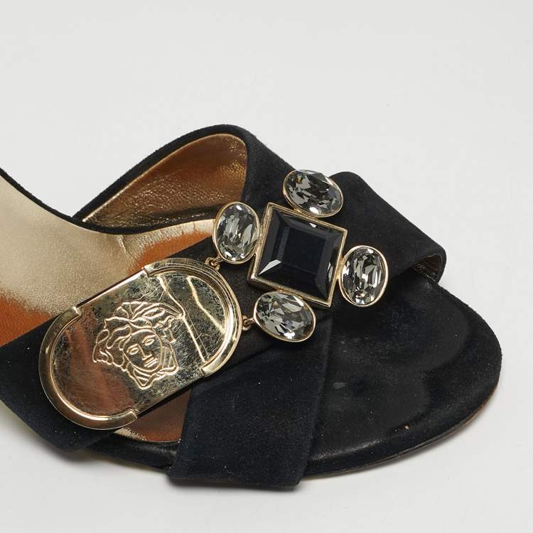 Pre Owned Versace Logo Size 37 Black Suede Crystal Embellished Criss-Cross Slide Sandals