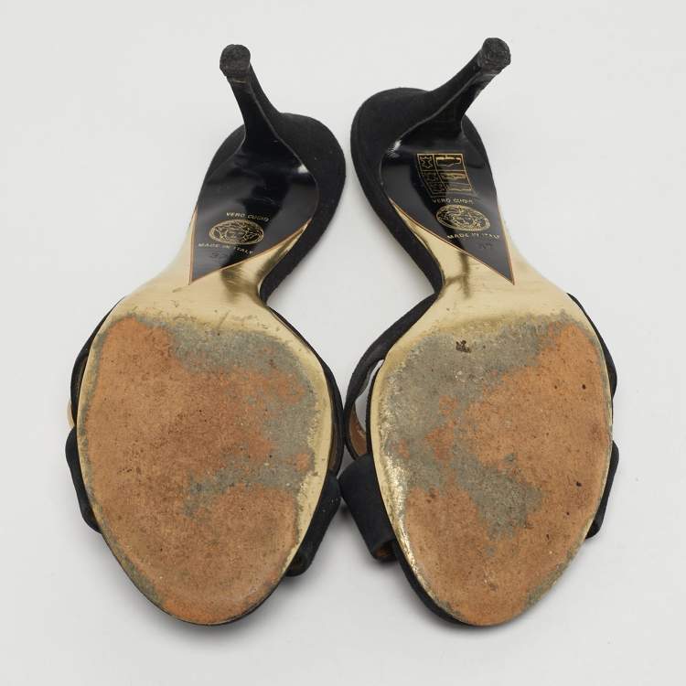 Pre Owned Versace Logo Size 37 Black Suede Crystal Embellished Criss-Cross Slide Sandals