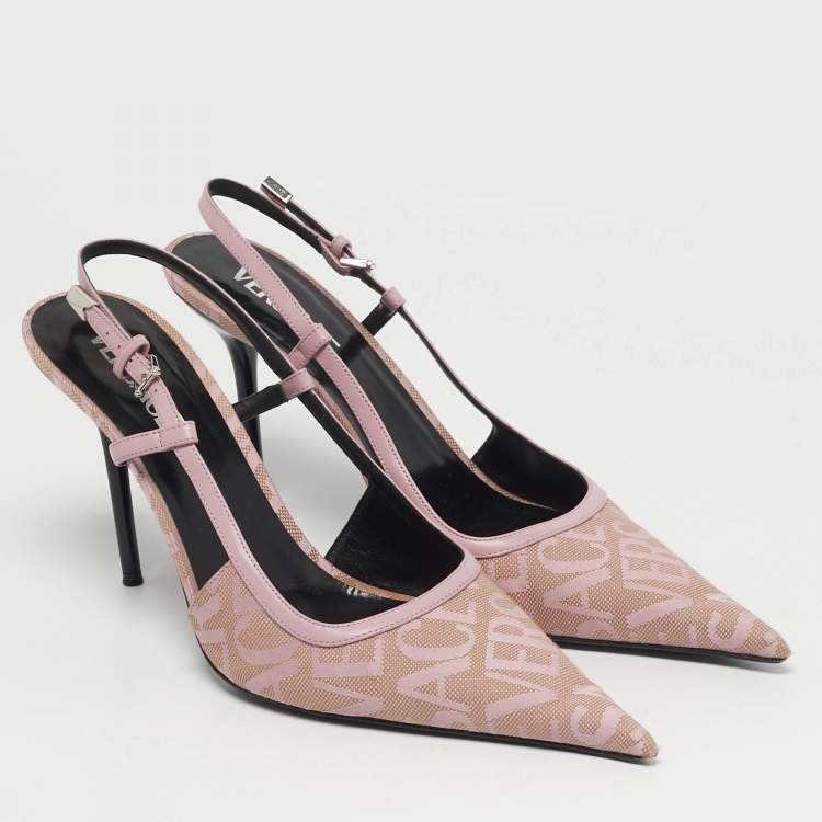 Pre Owned Versace Size 41 Purple Jacquard and Leather Slingback Pumps