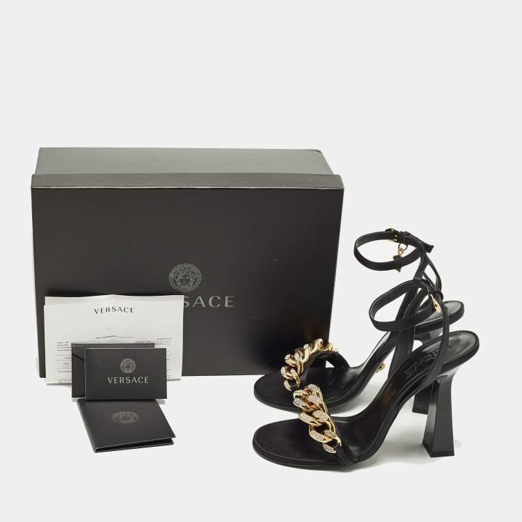 Pre Owned Versace Medusa Size 40 Black Satin Chain  Ankle Strap Sandals