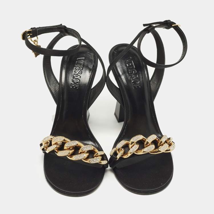 Pre Owned Versace Medusa Size 40 Black Satin Chain  Ankle Strap Sandals