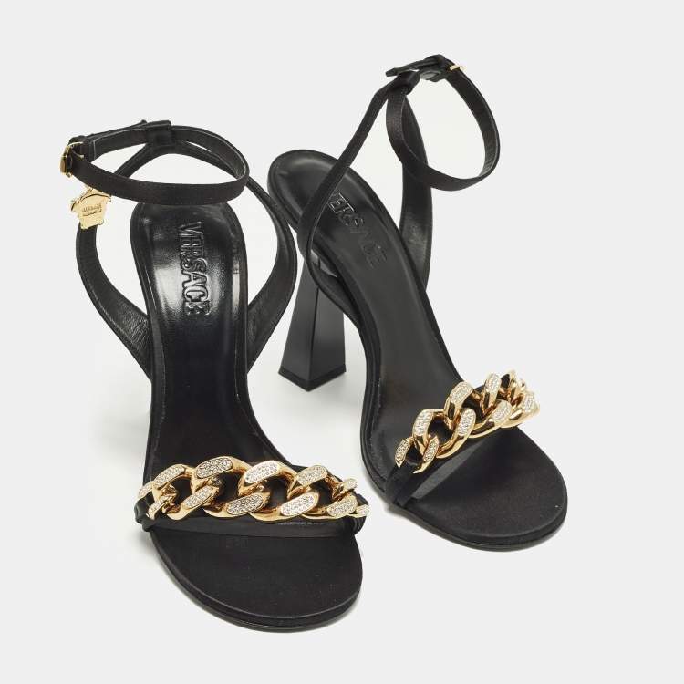 Pre Owned Versace Medusa Size 40 Black Satin Chain  Ankle Strap Sandals