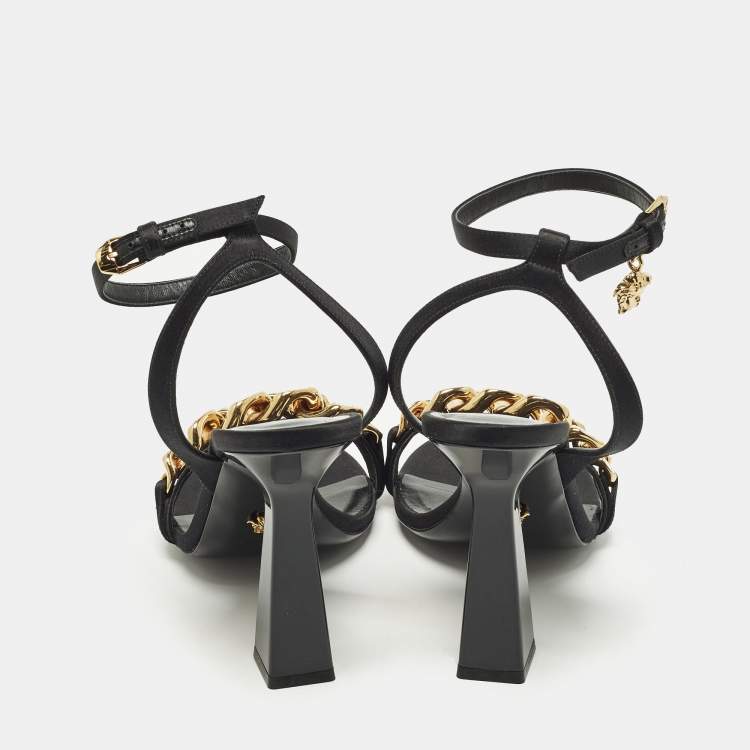 Pre Owned Versace Medusa Size 40 Black Satin Chain  Ankle Strap Sandals