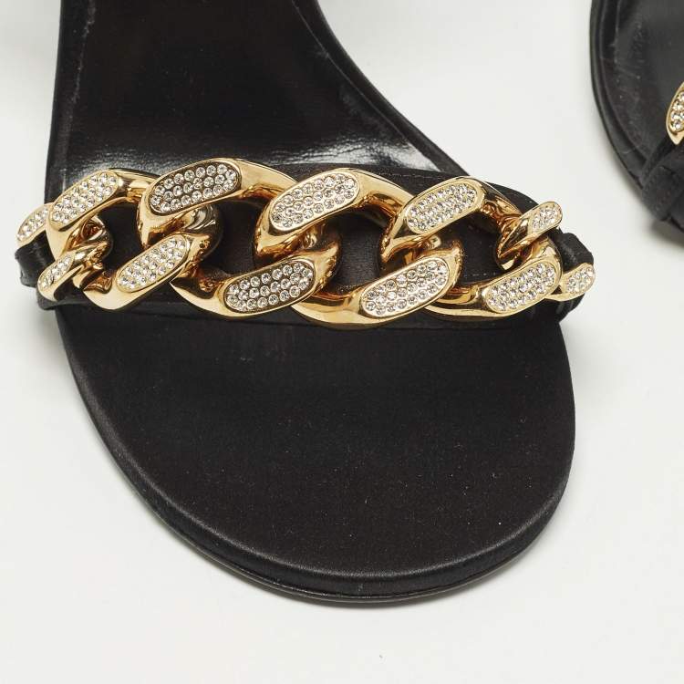 Pre Owned Versace Medusa Size 40 Black Satin Chain  Ankle Strap Sandals