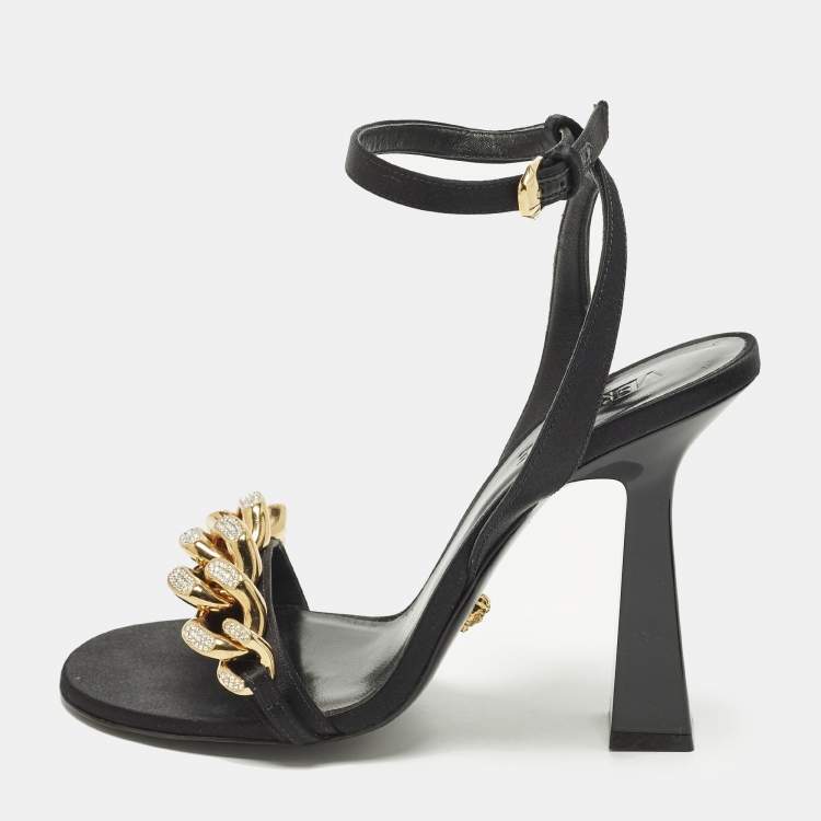 Pre Owned Versace Medusa Size 40 Black Satin Chain  Ankle Strap Sandals
