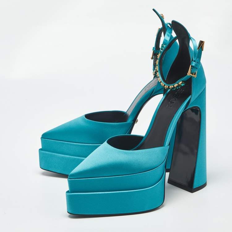 Pre Owned Versace Aevitas Size 41 Teal Blue Satin Platform Pumps