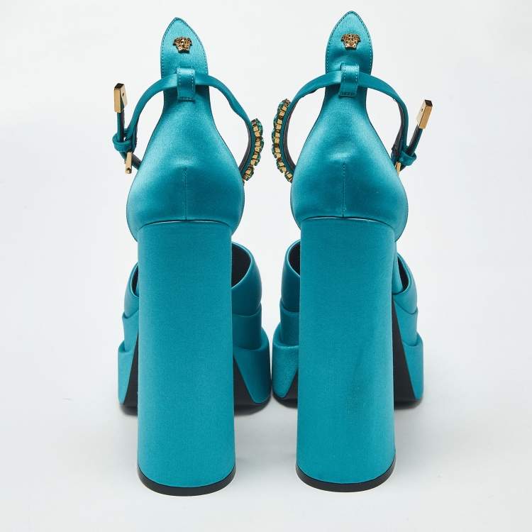 Pre Owned Versace Aevitas Size 41 Teal Blue Satin Platform Pumps