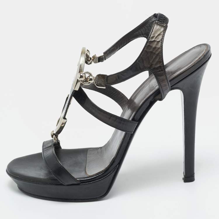Pre Owned Versace Medusa Size 37 Black Leather and Metal Strappy Platform Slingback Sandals
