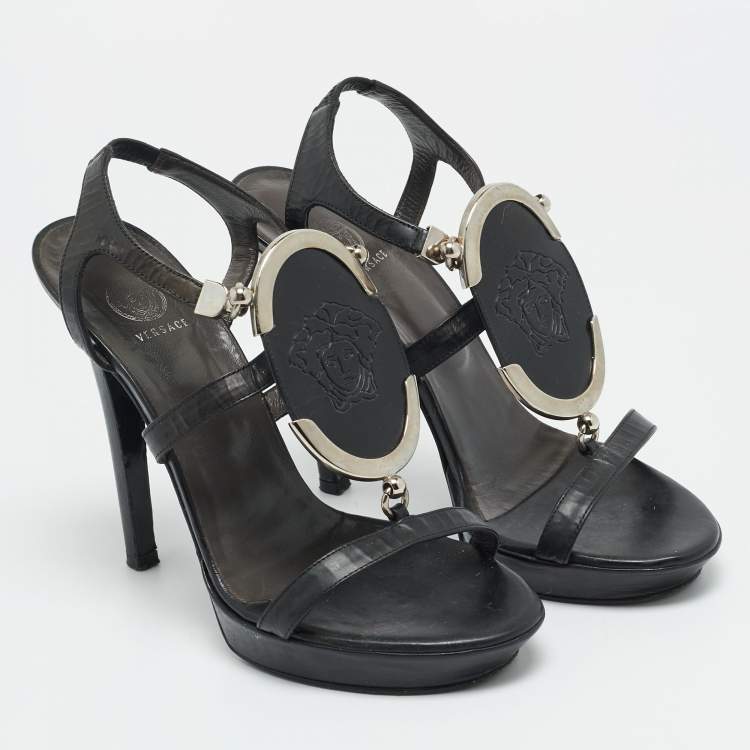 Pre Owned Versace Medusa Size 37 Black Leather and Metal Strappy Platform Slingback Sandals