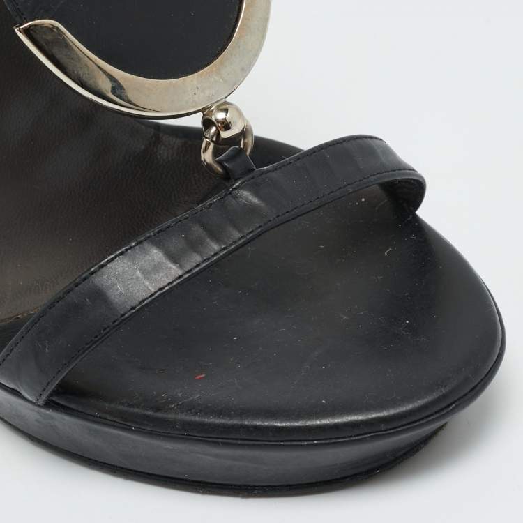 Pre Owned Versace Medusa Size 37 Black Leather and Metal Strappy Platform Slingback Sandals