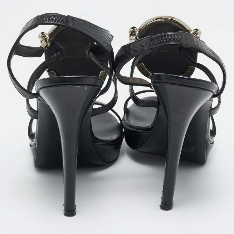 Pre Owned Versace Medusa Size 37 Black Leather and Metal Strappy Platform Slingback Sandals
