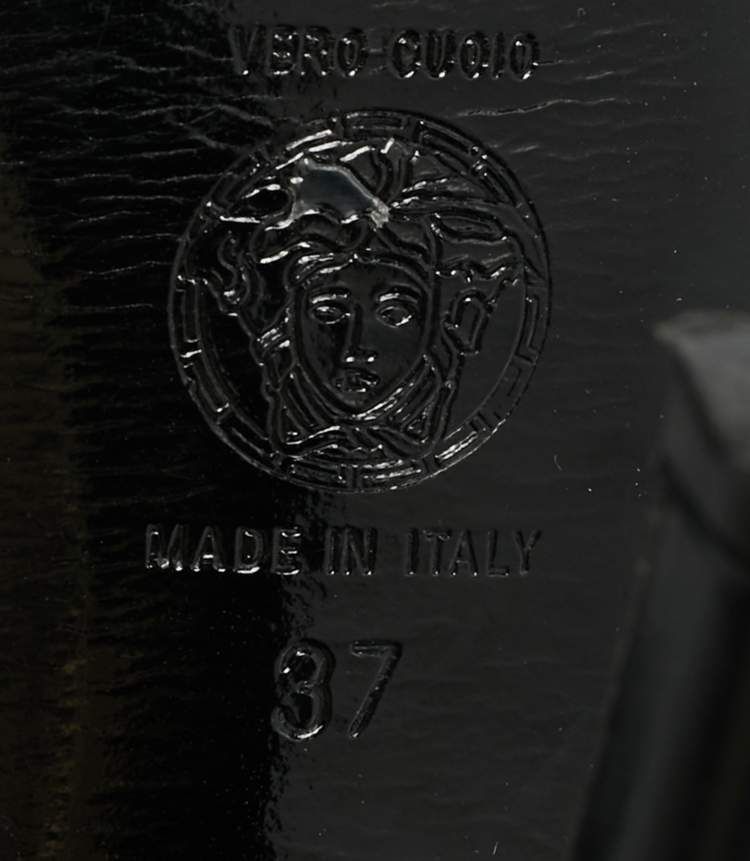 Pre Owned Versace Medusa Size 37 Black Leather and Metal Strappy Platform Slingback Sandals