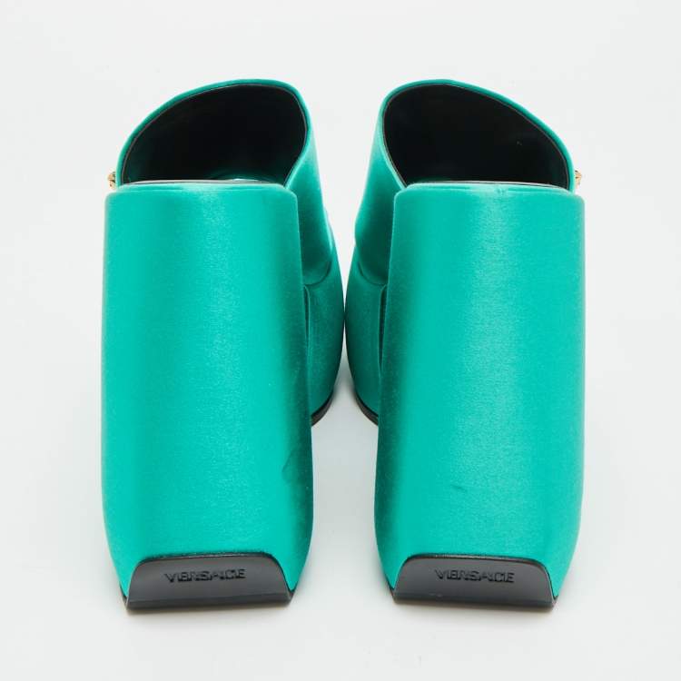 Pre Owned Versace Triplatform Size 37 Green Satin Wedge Sandals