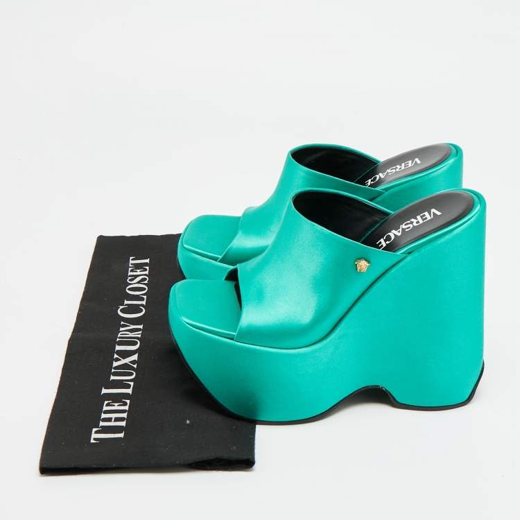 Pre Owned Versace Triplatform Size 37 Green Satin Wedge Sandals