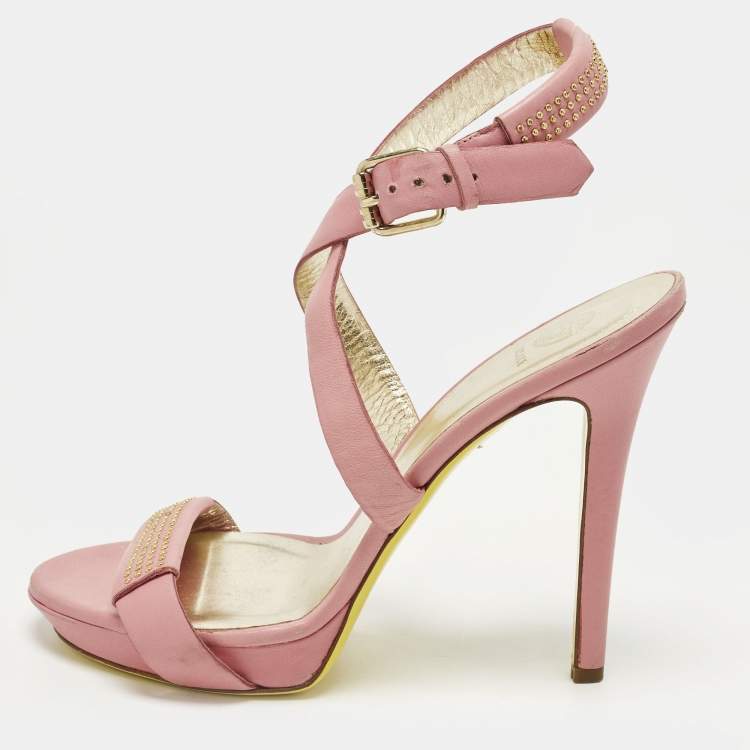 Pre Owned Versace Size 40 Pink Leather Embellished Stud Ankle Strap Platform Sandals