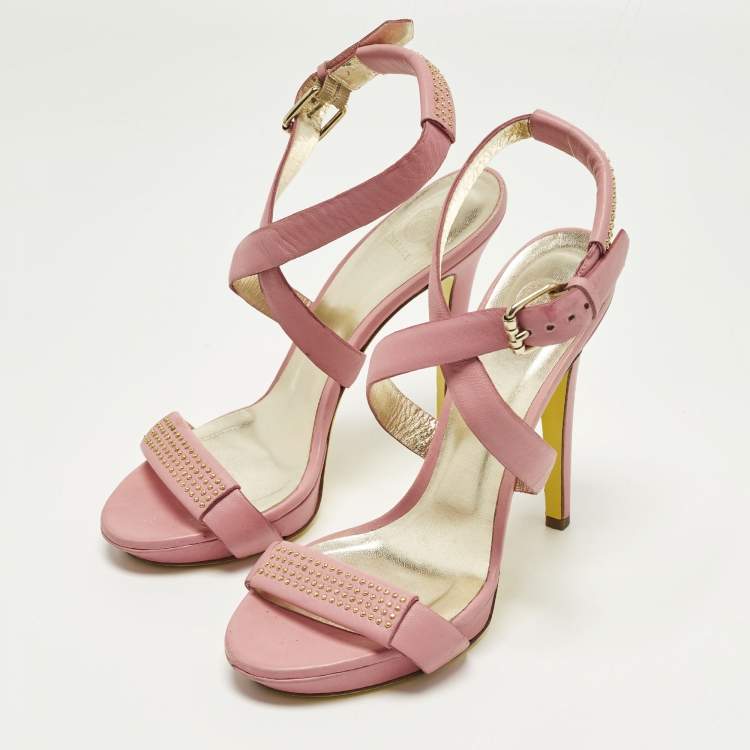 Pre Owned Versace Size 40 Pink Leather Embellished Stud Ankle Strap Platform Sandals