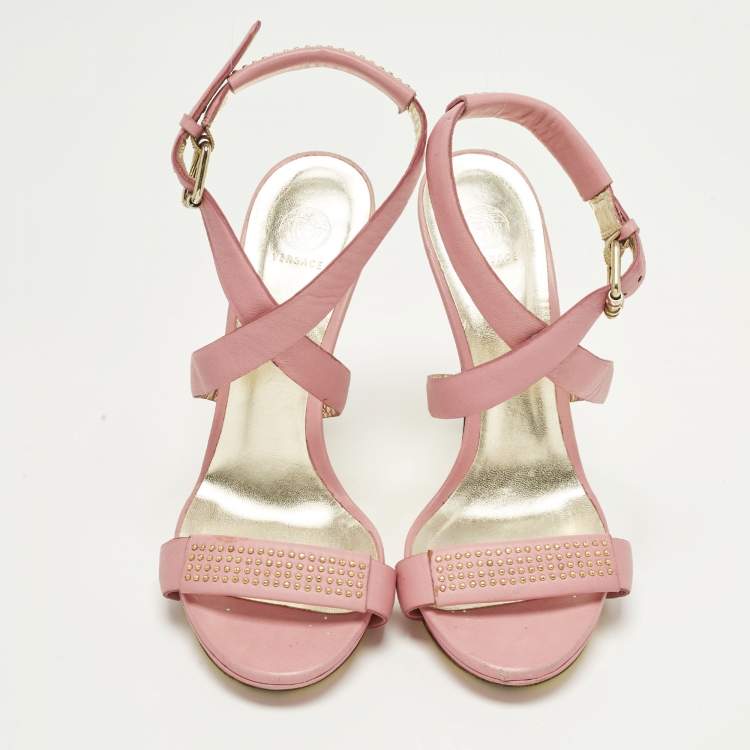 Pre Owned Versace Size 40 Pink Leather Embellished Stud Ankle Strap Platform Sandals