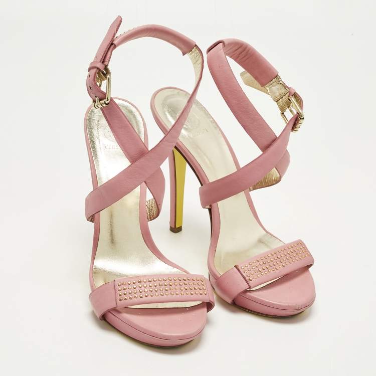 Pre Owned Versace Size 40 Pink Leather Embellished Stud Ankle Strap Platform Sandals