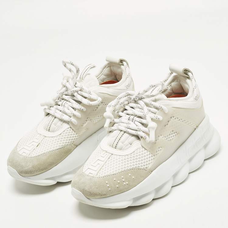 Pre Owned Versace Chain Reaction Size 37.5 White Mesh and Suede Low Top Sneakers