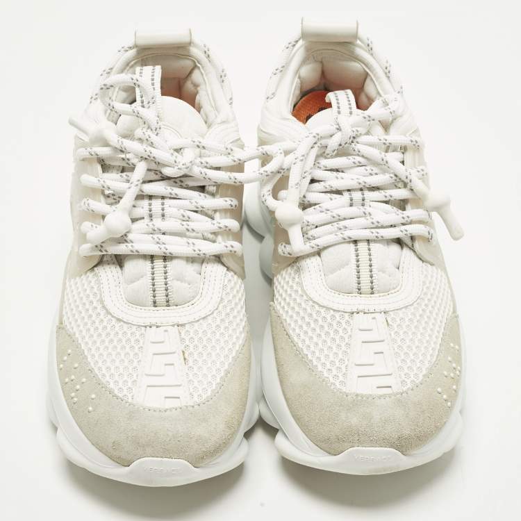 Pre Owned Versace Chain Reaction Size 37.5 White Mesh and Suede Low Top Sneakers