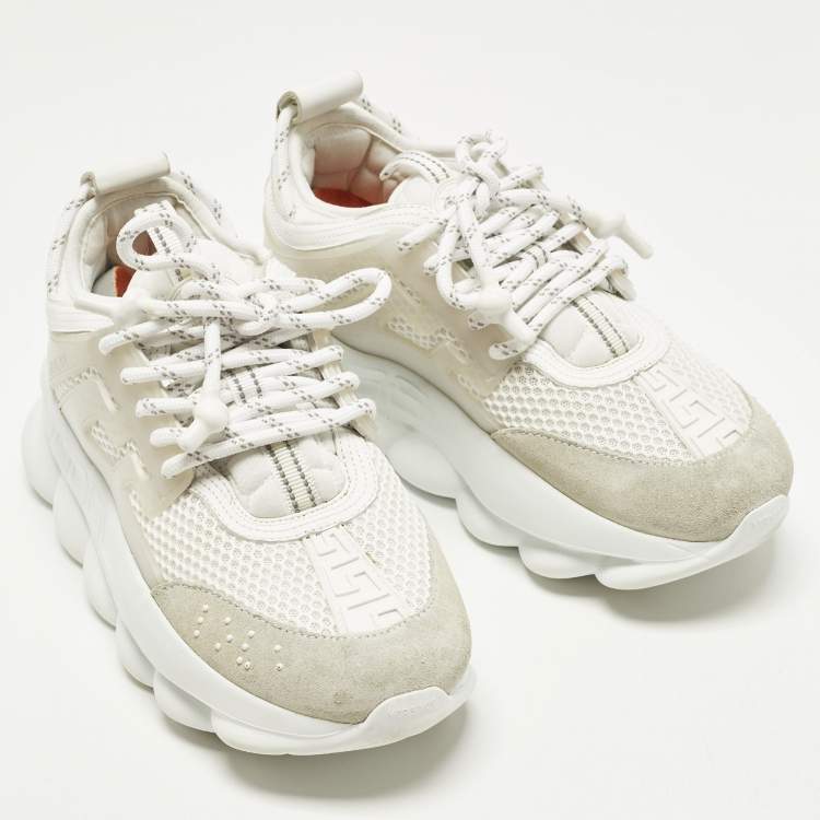 Pre Owned Versace Chain Reaction Size 37.5 White Mesh and Suede Low Top Sneakers
