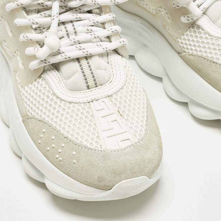 Pre Owned Versace Chain Reaction Size 37.5 White Mesh and Suede Low Top Sneakers