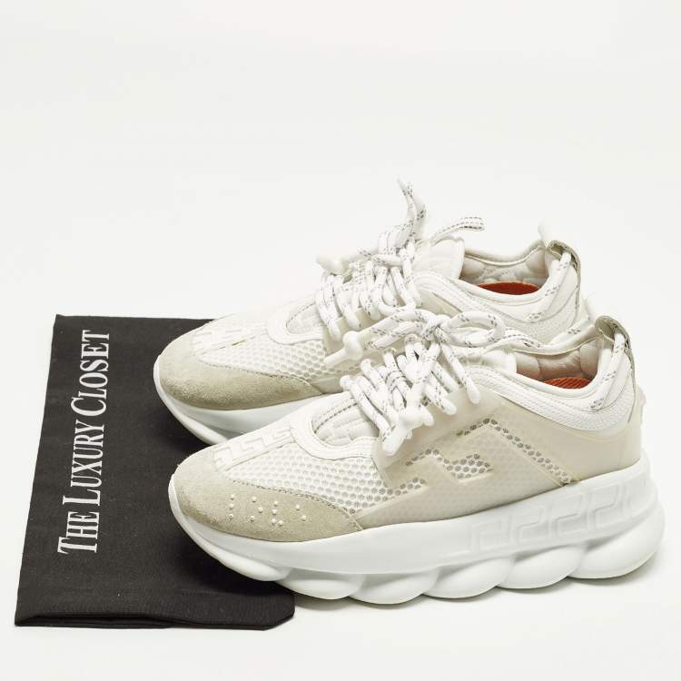 Pre Owned Versace Chain Reaction Size 37.5 White Mesh and Suede Low Top Sneakers