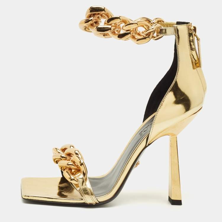 Pre Owned Versace Medusa Size 38 Gold Leather Ankle Strap Sandals