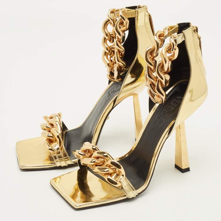 Pre Owned Versace Medusa Size 38 Gold Leather Ankle Strap Sandals