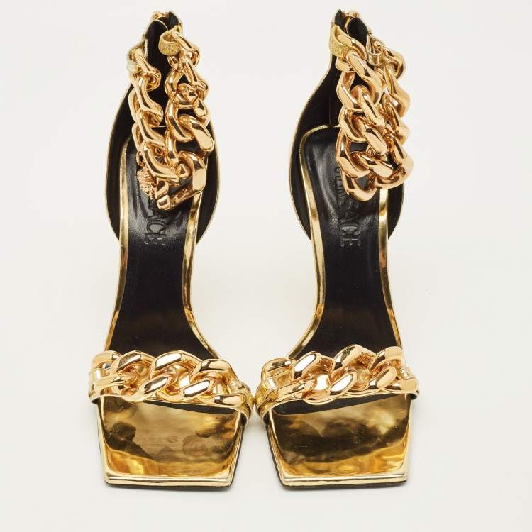 Pre Owned Versace Medusa Size 38 Gold Leather Ankle Strap Sandals