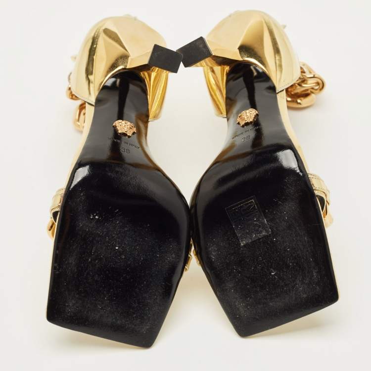 Pre Owned Versace Medusa Size 38 Gold Leather Ankle Strap Sandals
