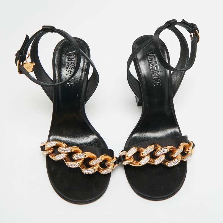 Pre Owned Versace Medusa Size 38 Black Satin Ankle Strap Sandals