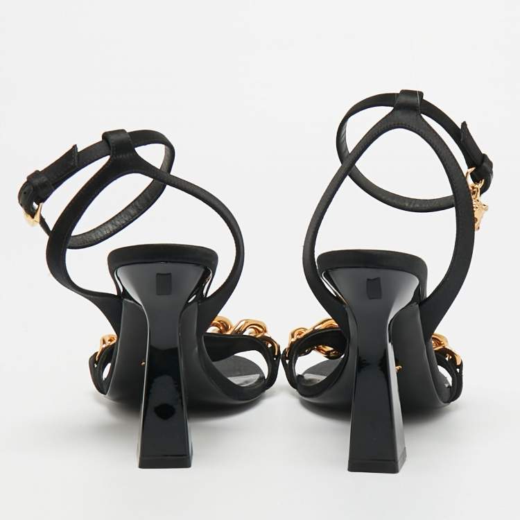 Pre Owned Versace Medusa Size 38 Black Satin Ankle Strap Sandals