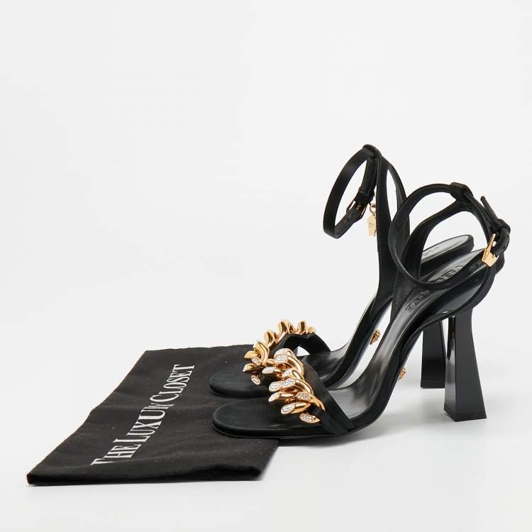 Pre Owned Versace Medusa Size 38 Black Satin Ankle Strap Sandals