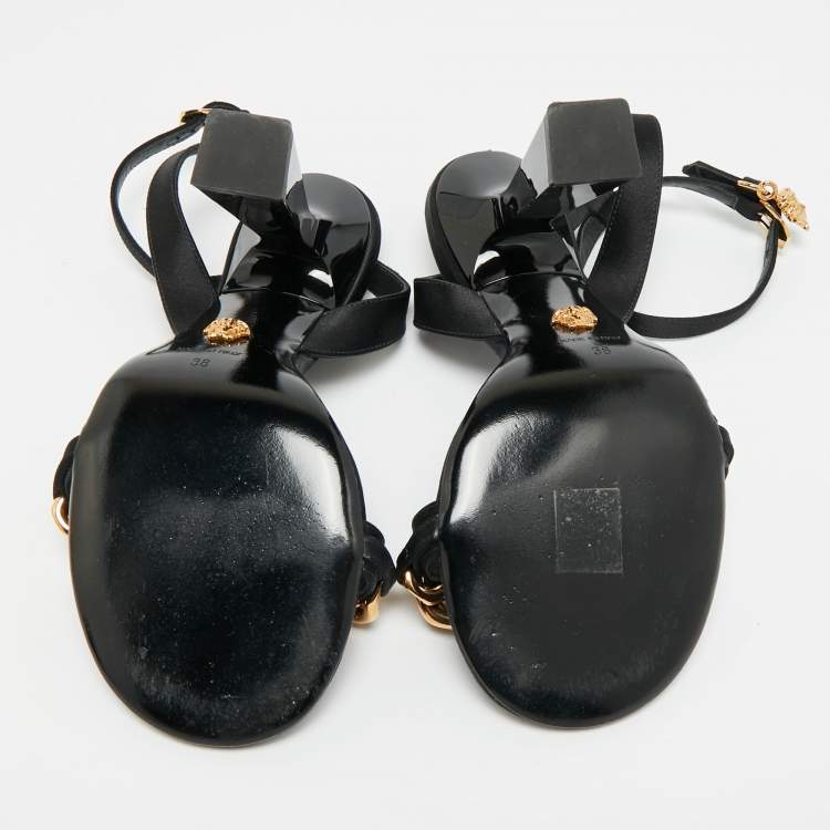 Pre Owned Versace Medusa Size 38 Black Satin Ankle Strap Sandals