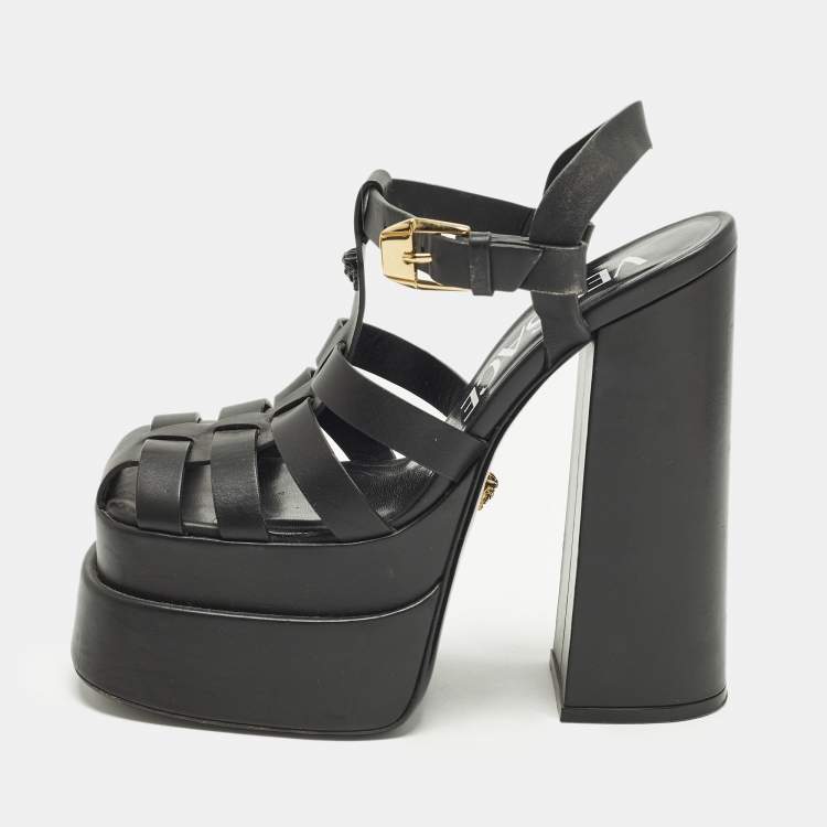 Pre Owned Versace La Medusa Size 36 Black Leather Platform Sandals