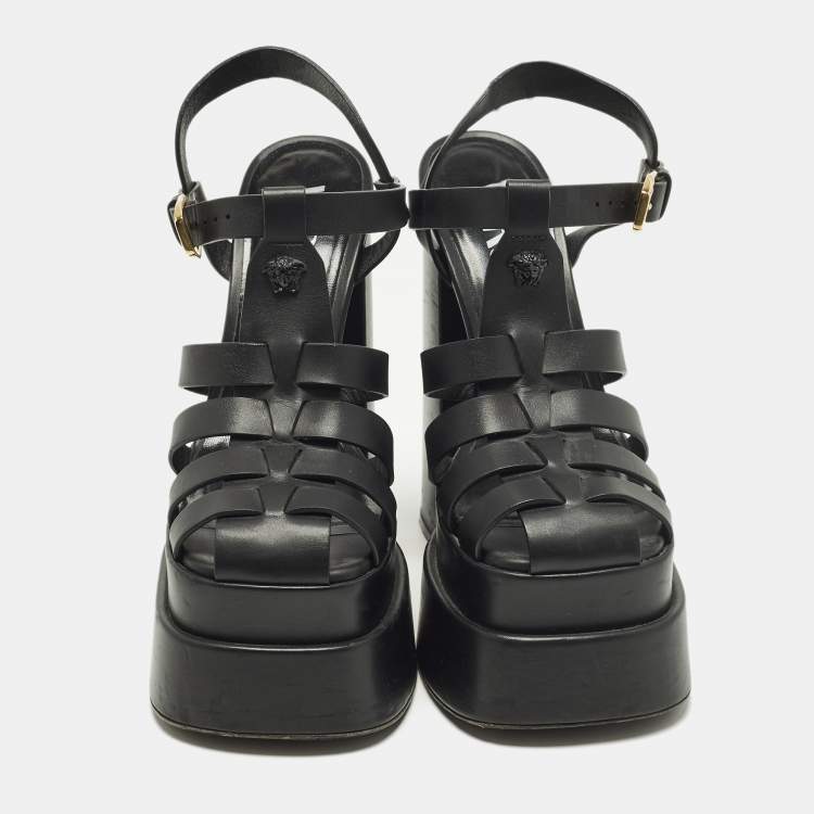 Pre Owned Versace La Medusa Size 36 Black Leather Platform Sandals