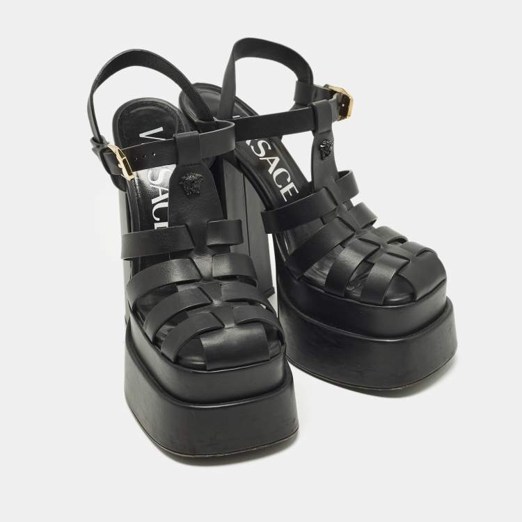 Pre Owned Versace La Medusa Size 36 Black Leather Platform Sandals