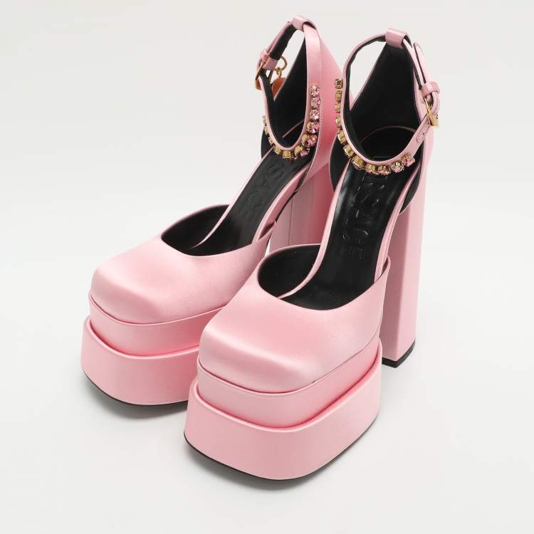 Pre Owned Versace Aevitas Size 37 Pink Satin Crystal Embellished Ankle Strap Platform Pumps